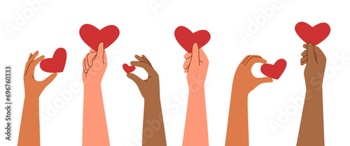 Set of hands raised up and holding hearts isolated on white background. Love and care concept. Valentines day.