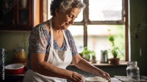 Senior woman preparing dough for fresh pasta or pizza, close up. Portrait of Italian lady cooking in bright house kitchen.