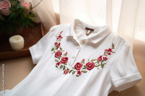Embroidered White Polo Shirt with Floral Design © Anna
