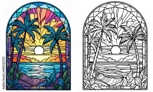 Tropical Beach: Stained Glass Style with Presents Coloring Page and Flat Color Cover Design Vector