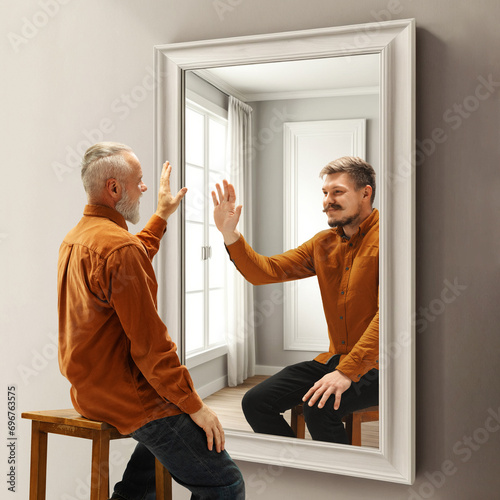 Senior smiling man looking in mirror on reflection of his younger self. Conceptual collage. Past memories. Concept of present, past and future, age, life cycle, generation, ad