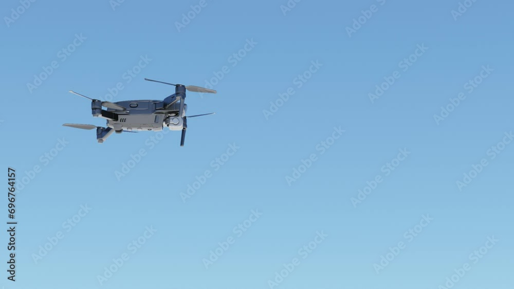 Drone white color flying with blue sky animation. move away from the camera 3D Render. Drone white color flying with blue sky animation. move away from the camera 3D Render.