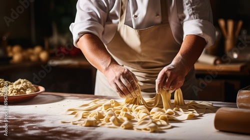 Chef make fresh italian traditional pasta. Close up cropped shot of process of making cooking homemade pasta.