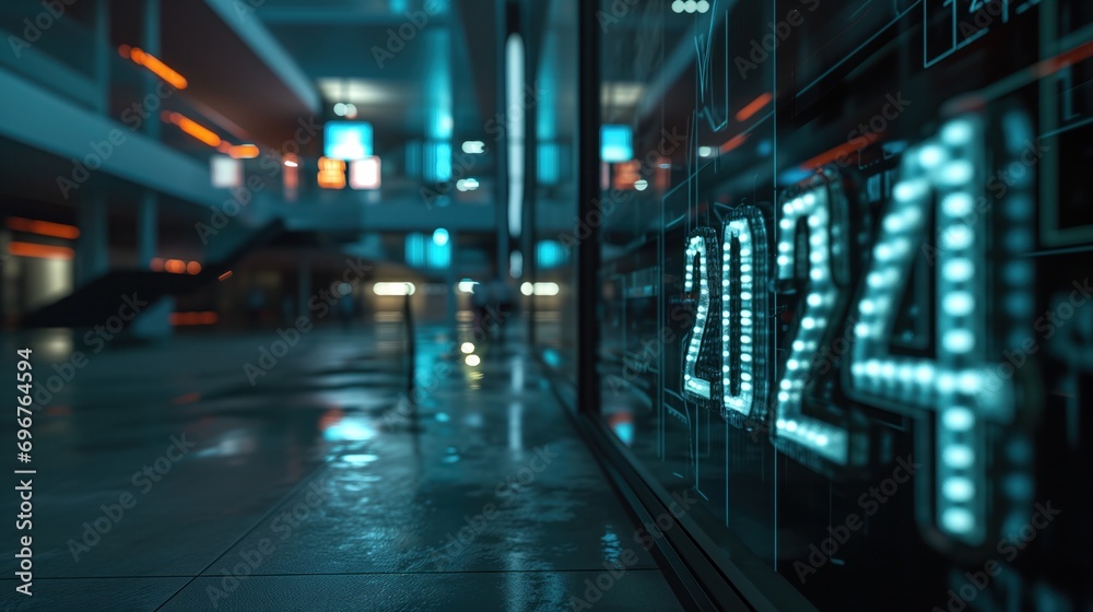 2024 neon new years sign on wall, gritty and grungy style with cyberpunk neon colours on sign 2024 neon new years sign on wall, gritty and grungy style with cyberpunk neon colours on sign