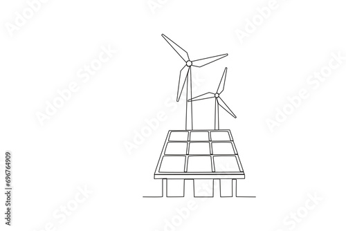 Single continuous line drawing of Renewable energy windmills and solar panels. Energy industrial Modern single line draw design vector graphic illustration
