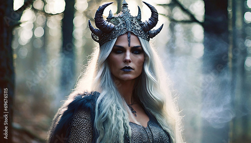Portrait of a blonde Viking sorceress woman, in a foggy forest, wearing a silver helmet adorned with horns
 photo