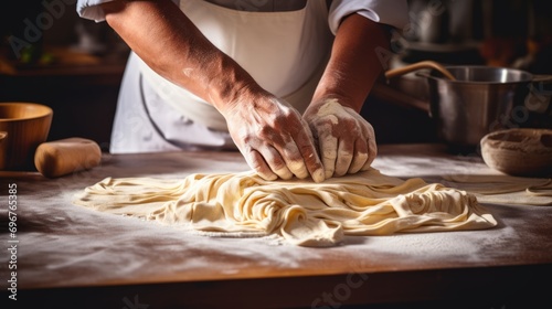 Photo of male chef's hands making tagliatelle fettuccine pasta on table sprinkled with flour in kitchen. Homemade food.Traditions.