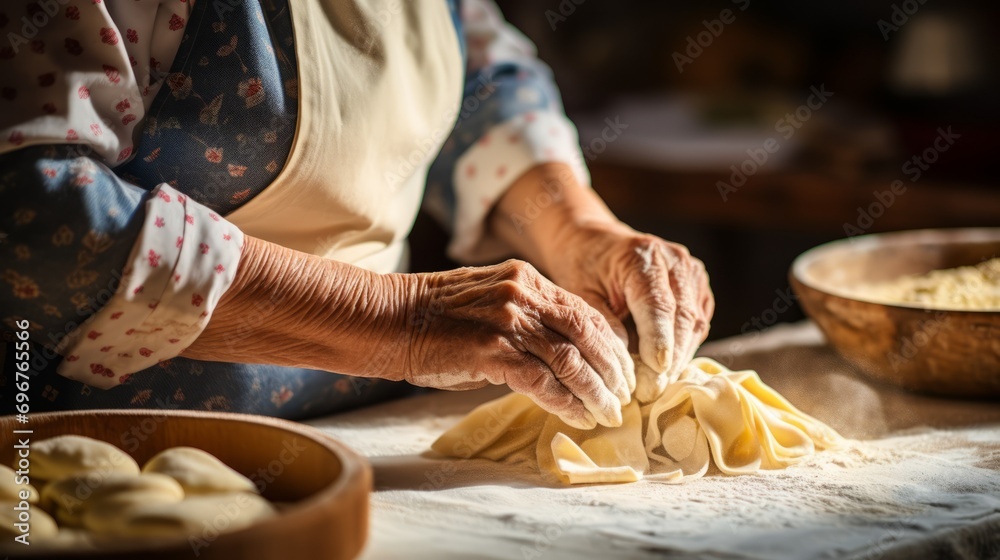 Old italian woman making pasta in the kitchen. Close up of grandma making pasta the traditional way. Italian cuisine. Homemade food.