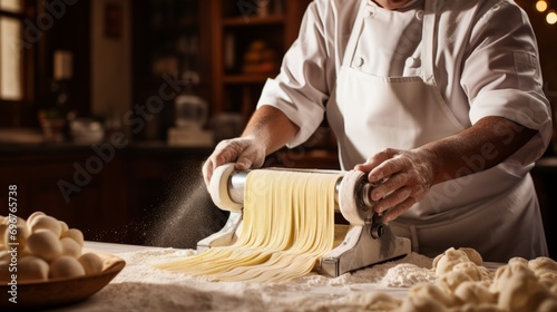  Close up of chef making spaghetti noodles. Preparing homemade spaghetti on pasta machine. Traditional italian cuisine concept. Handmade pasta.