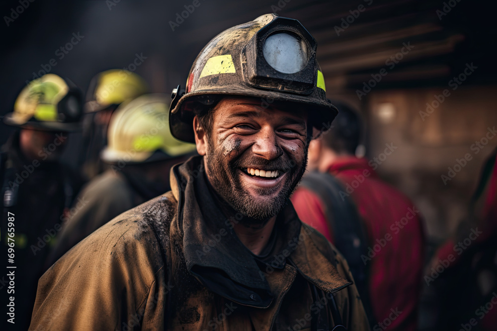 Fototapeta premium A smiling adult man in a protective helmet, a miner or firefighter, represents industrial safety.