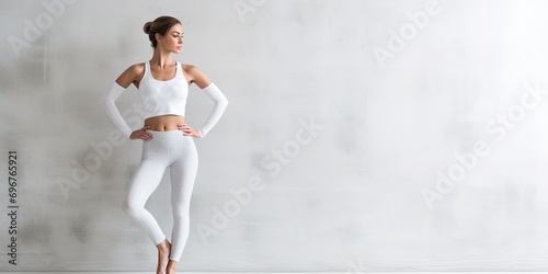 A fit young woman engaged in a ballet inspired fitness routine, showcasing strength and flexibility. photo