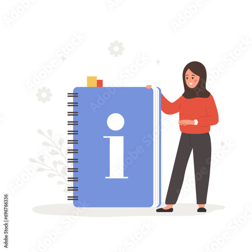 User manual concept. Islamic female character with huge guidebook. Woman search information and reading instruction. FAQ or customer support. Vector illustration in flat cartoon style.