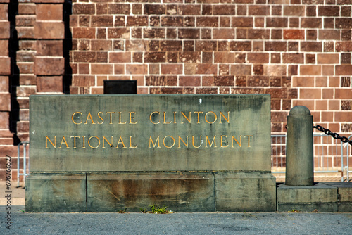 Sign for Castle Clinton or Fort Clinton, a national monument located at the southern tip of Manhattan, in New York City (USA).