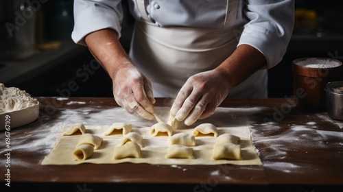Close up of process making ravioli homemade pasta. Traditional italian food. Man chef cooking on the wooden kitchen worktop.