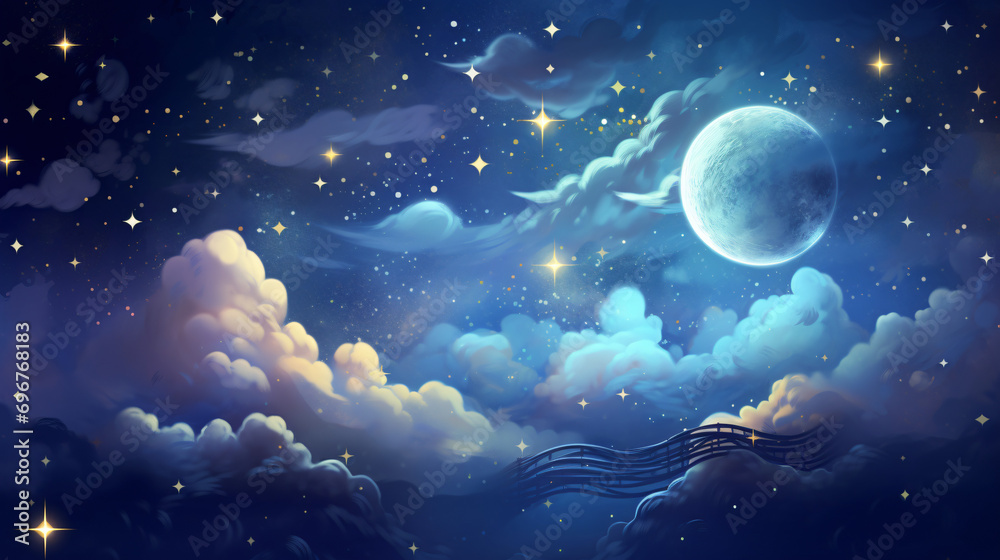 Romantic Moon With Beautiful Clouds And Starry Sky