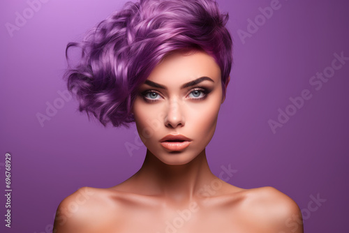 A beautiful model in with purple hair and elegant makeup, in the style of shimmering, luminous palette, salon. Isolated studio background. Hair styling © MD Media