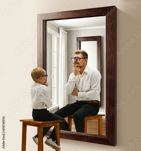 Little boy, child sitting near mirror and imagining him being adult man. Thinking abut future. Conceptual collage. Concept of present, past and future, age, life cycle, generation, ad