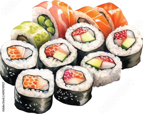 Watercolor sushi on white background