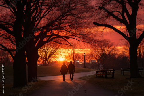 Romantic sunset stroll in a park