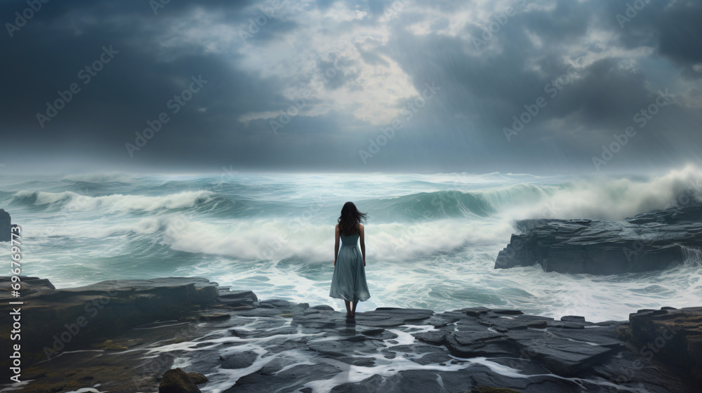Woman standing in front of the ocean - obrazy, fototapety, plakaty 