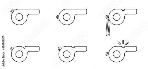 Cartoon referee whistle. Sports whistle. sport game, referee sign. Whistle signal to players. Police whistle. Trainer or coach sign.