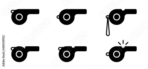Cartoon referee whistle. Sports whistle. sport game, referee sign. Whistle signal to players. Police whistle. Trainer or coach sign.