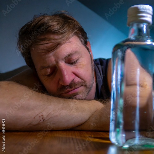 Ein alkoholisierter Mann schläft am Tisch mit einer Wodkaflasche davor (Konzept Alkoholrausch) photo