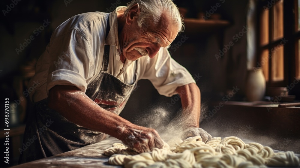 Senior italian whiskered man making homemade pasta on old wooden table in sunny morning in country house. - obrazy, fototapety, plakaty 