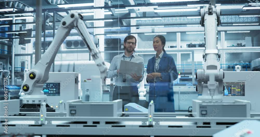 Young Engineer and Asian Technician Having a Conversation and Using a Laptop Computer. Specialists Monitoring, Analyzing Conditions at a Modern Electronics Factory with Automated Assembly Line