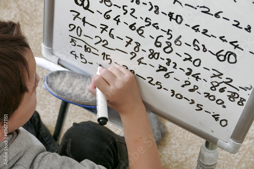 erasable board and pen on which writing and mathematical operations are written, photo