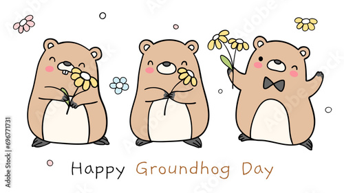 Draw banner happy groundhog day February to greet spring