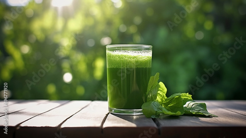 Green vegetable juice on rustic wood table, Juice, Drink, Smoothie, Green Color. AI Generative photo