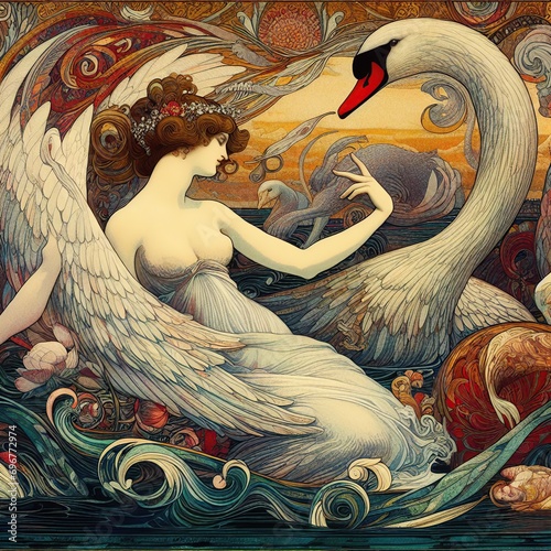 Leda and the Swan   ..Inspired by the famous ancient Greek myth, in which the god Zeus, in the form of a swan, seduces Leda. .In a graphic style reminiscent of the Art Nouveau  Movement , Victorian er