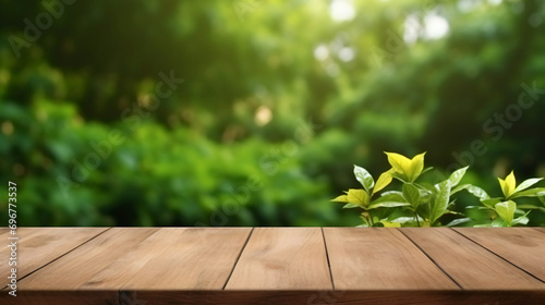 Mockup wooden table green nature garden background photo