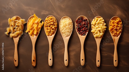 Wooden cooking spoons filled with various types raw pasta on dark background. Horizontal, top view.