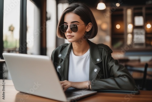 woman in sunglasses with laptop in cafe