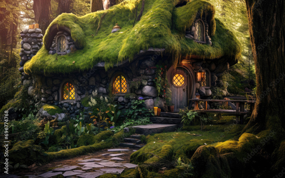 Enchanted forest. Magical fairytale woodland moss cottage house
