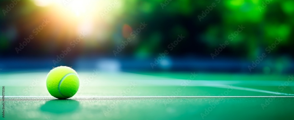 Tennis ball on tennis green court with soft focus at sunset  Tennis tournament concept horizontal wallpaper background, copy space for text 