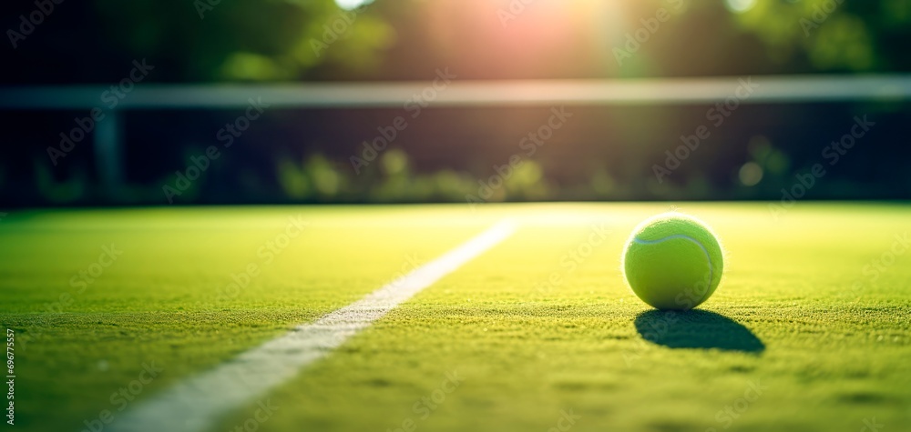 Tennis ball on tennis grass court with soft focus. Tennis tournament concept horizontal wallpaper background, copy space for text  - obrazy, fototapety, plakaty 