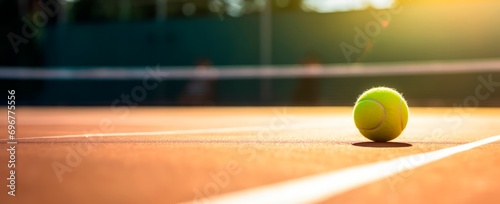 Tennis ball on tennis clay court with soft focus at sunset  Tennis tournament concept horizontal wallpaper background, copy space for text  photo
