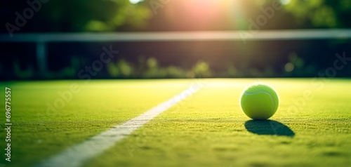 Tennis ball on tennis grass court with soft focus. Tennis tournament concept horizontal wallpaper background, copy space for text  © XC Stock