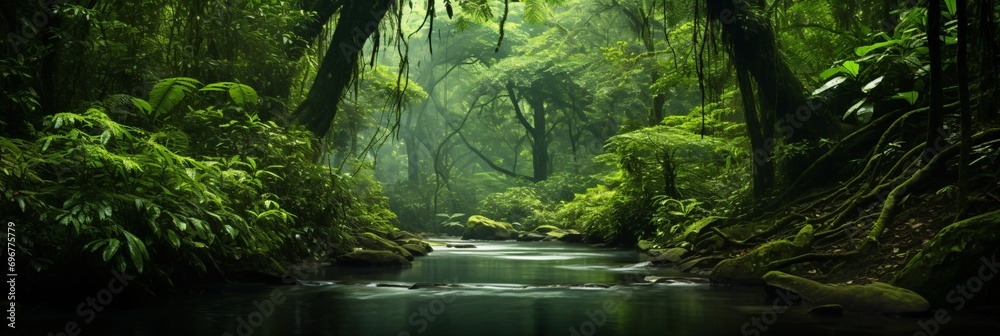 tropical rainforest river landscape - obrazy, fototapety, plakaty 
