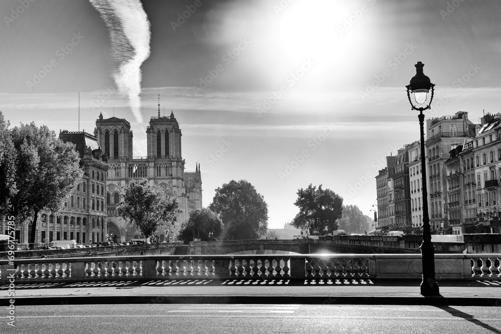 Pont Saint-Michel bridge and Notre-Dame cathedral in the 6th arrondissement of Paris city - obrazy, fototapety, plakaty 