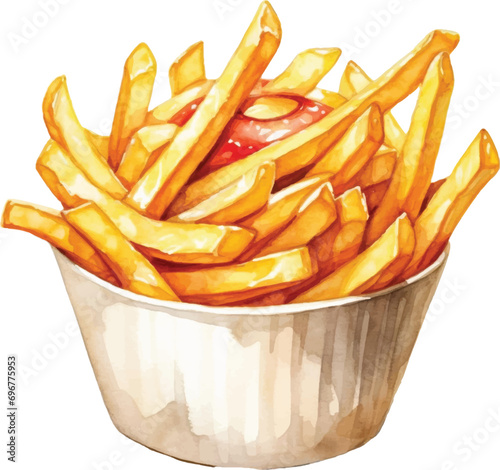 Watercolor French fries on white background