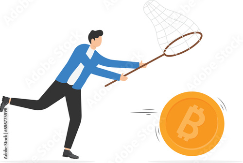 Chasing high performance bitcoin crypto currency in the bull market, greedy speculation in Bitcoin trading concept, greedy businessman investor chasing try to catch hot fire flying bitcoin.
