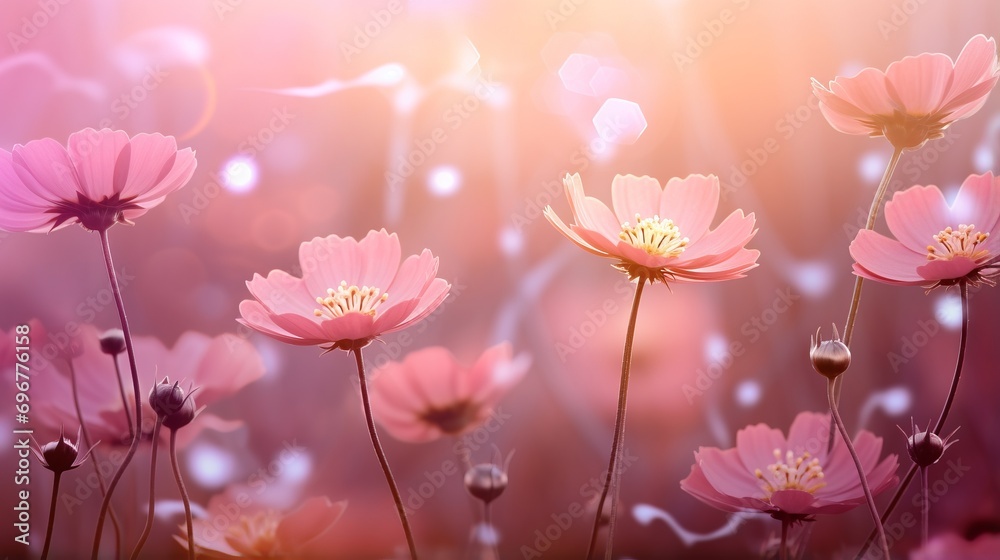 Delicate pink flowers bathed in soft sunlight emanating sense of natural beauty and serenity, flowers symbolizes grace of simplicity and value of fleeting moments in natural world