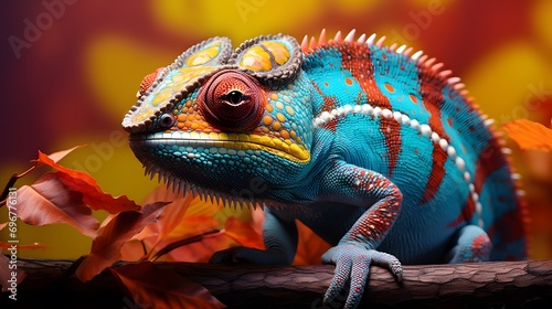 Chameleon Contrasted Against Autumn Leaves