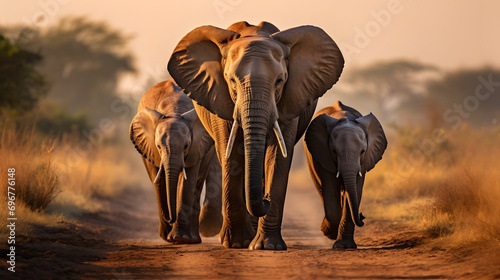 Savannah Sentinels: Elephants Under the Amber Sky © Kunlapat