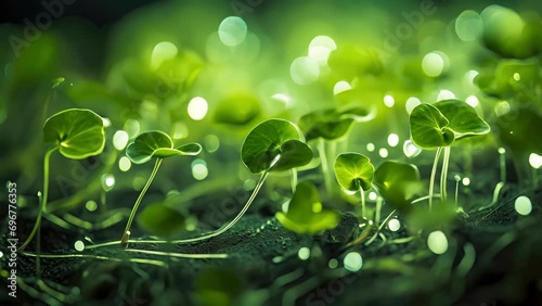 Closeup of a plants photosynthetic system, with quantum coherence in the chlorophyll molecules enabling efficient light absorption and energy transfer, highlighting the role of quantum mechanics photo