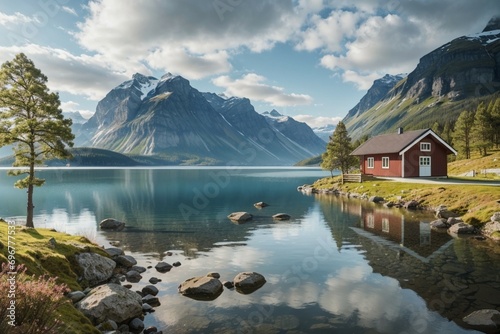 Lake view mountain with a small tree on sunset time Peaceful landscapes image  relaxation vibes.